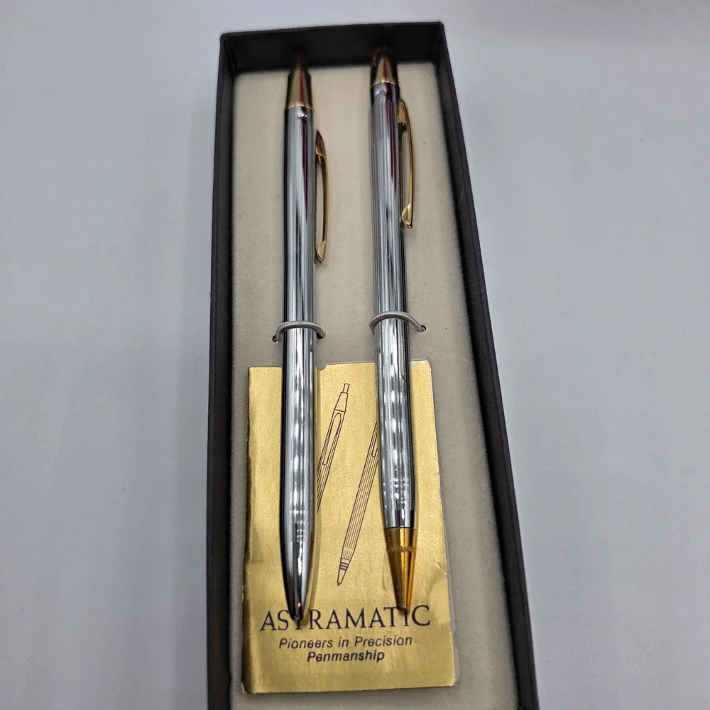 ASTRAMATIC Ballpoint Pens Set Chrome Gold Finish Vintage Penmanship Collection‎